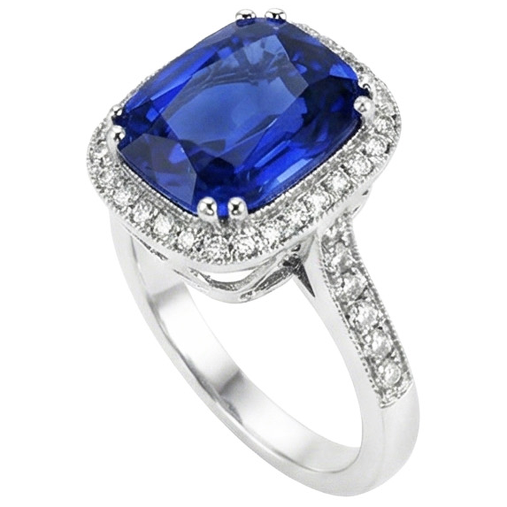 Blue Sapphire Cushion And Round Cut 4.55 Carat Natural Earth Mined Diamond ( Not Lab Grown ) s Ring WG 14K
