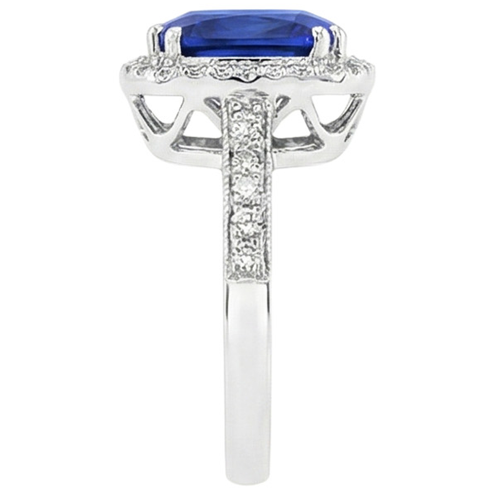 Blue Sapphire Cushion And Round Cut 4.55 Carat Natural Earth Mined Diamond ( Not Lab Grown ) s Ring WG 14K