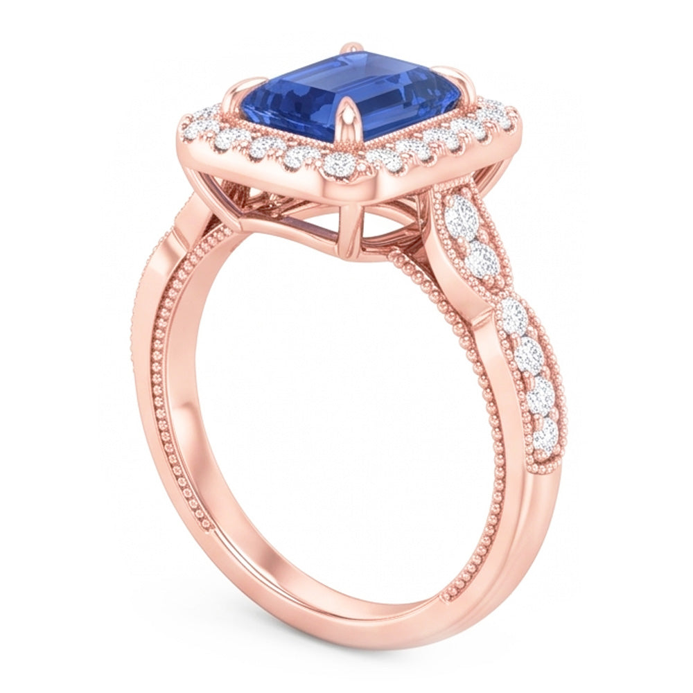 Blue Sapphire Engagement Ring 3 Carats Emerald Cut Rose Gold Milgrain