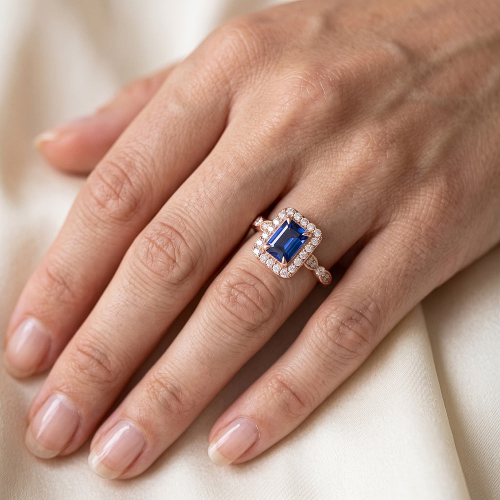Blue Sapphire Engagement Ring 3 Carats Emerald Cut Rose Gold Milgrain
