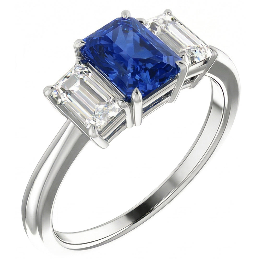 Blue Sapphire Engagement Ring 3 Stone 2 Carats Emerald Cut Natural Earth Mined Diamond ( Not Lab Grown )s