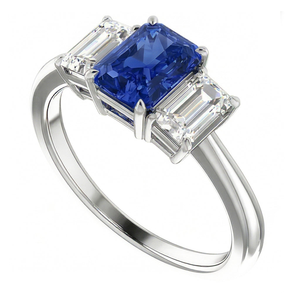 Blue Sapphire Engagement Ring 3 Stone 2 Carats Emerald Cut Natural Earth Mined Diamond ( Not Lab Grown )s