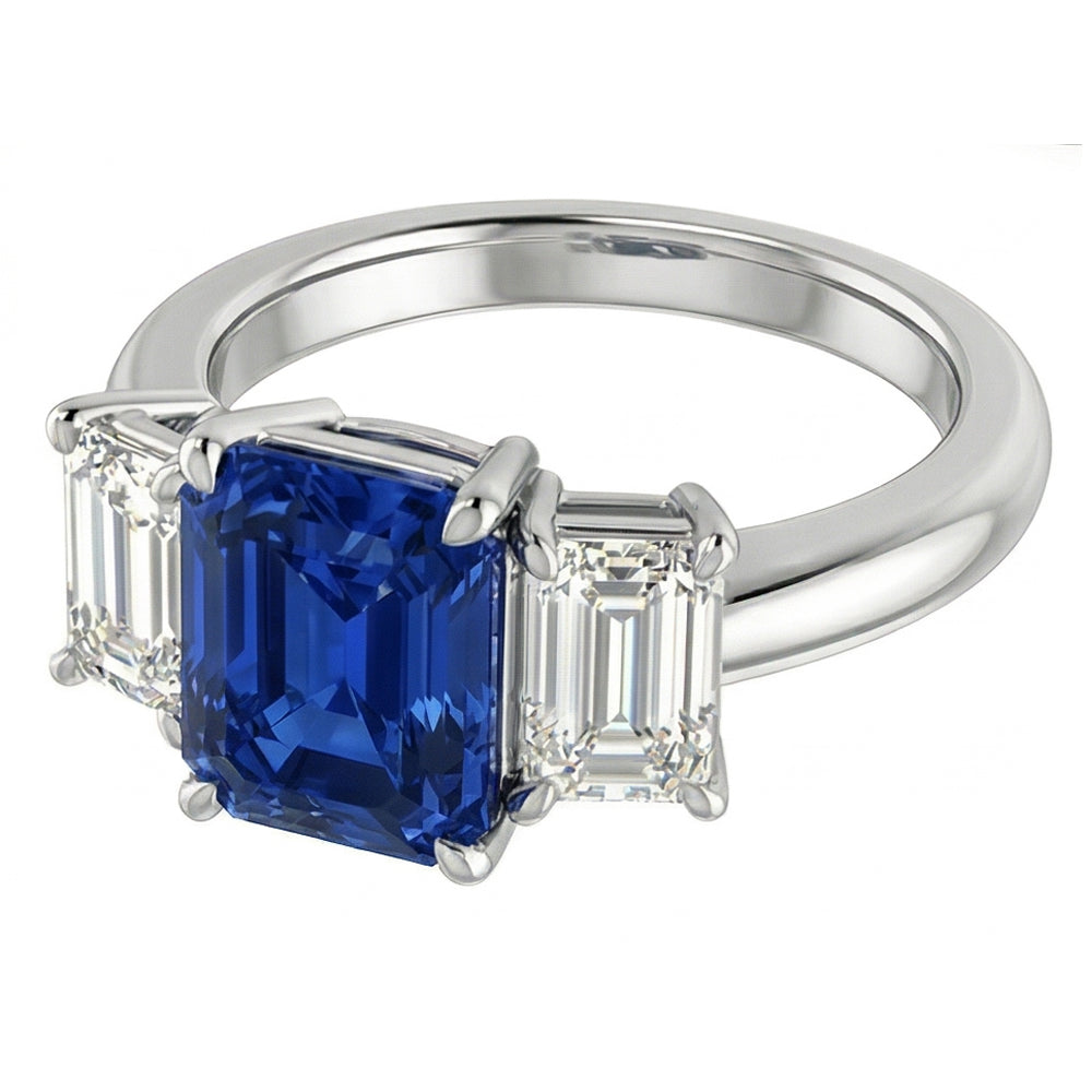 Blue Sapphire Engagement Ring 3 Stone 2 Carats Emerald Cut Natural Earth Mined Diamond ( Not Lab Grown )s