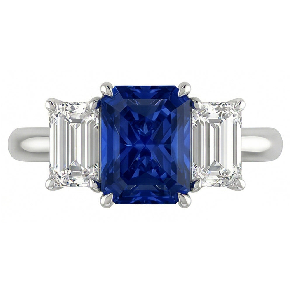 Blue Sapphire Engagement Ring 3 Stone 2 Carats Emerald Cut Natural Earth Mined Diamond ( Not Lab Grown )s
