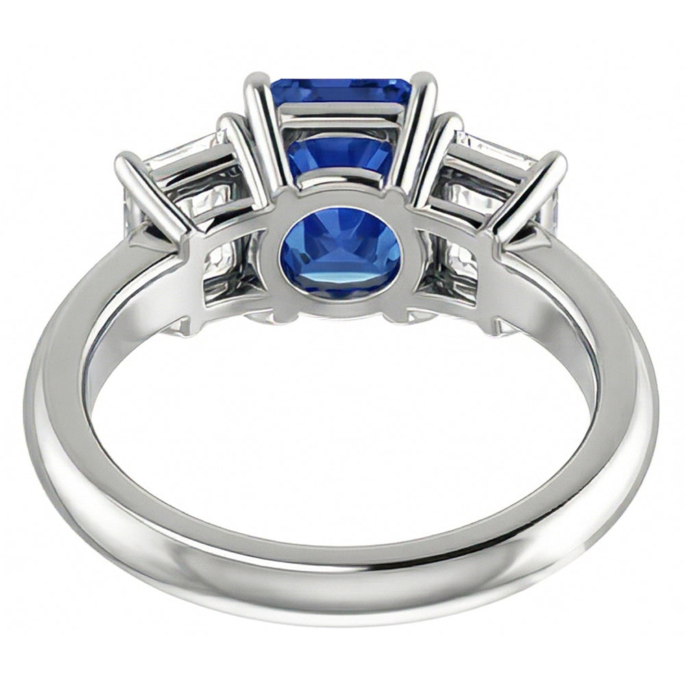 Blue Sapphire Engagement Ring 3 Stone 2 Carats Emerald Cut Natural Earth Mined Diamond ( Not Lab Grown )s