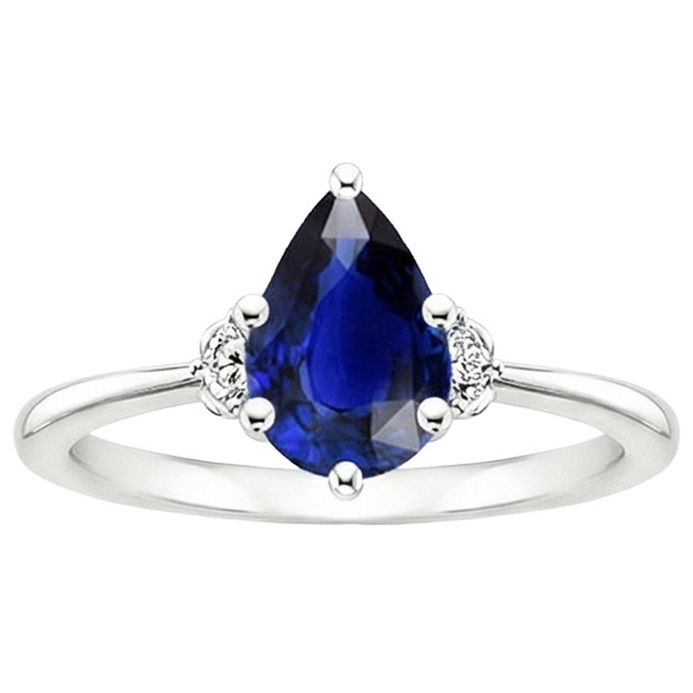 Blue Sapphire Engagement Ring 3 Stones Natural Earth Mined Diamond ( Not Lab Grown ) Pear Cut 3.50 Carats