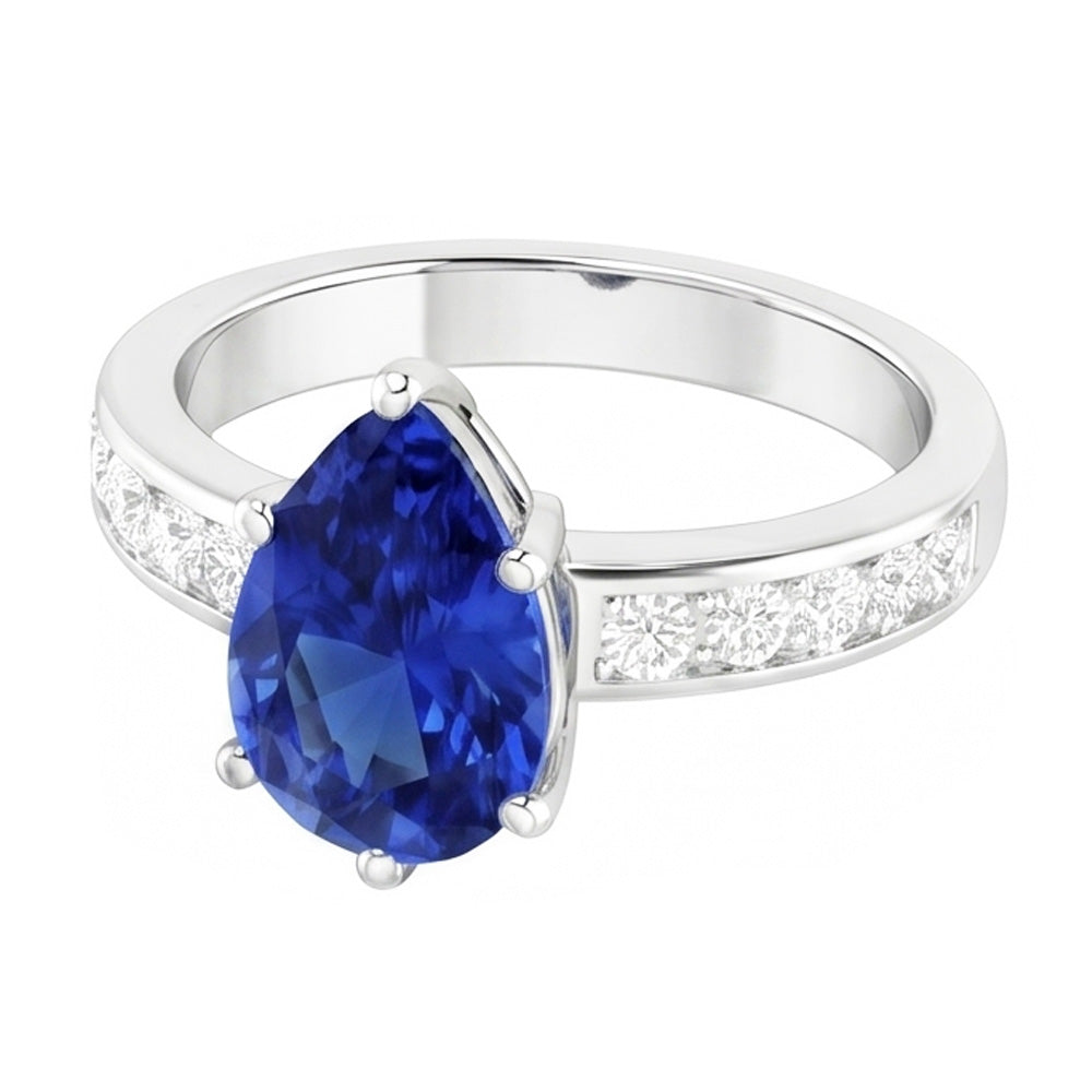 Blue Sapphire Engagement Ring Channel Set Natural Earth Mined Diamond ( Not Lab Grown ) Accents 3.50 Carats