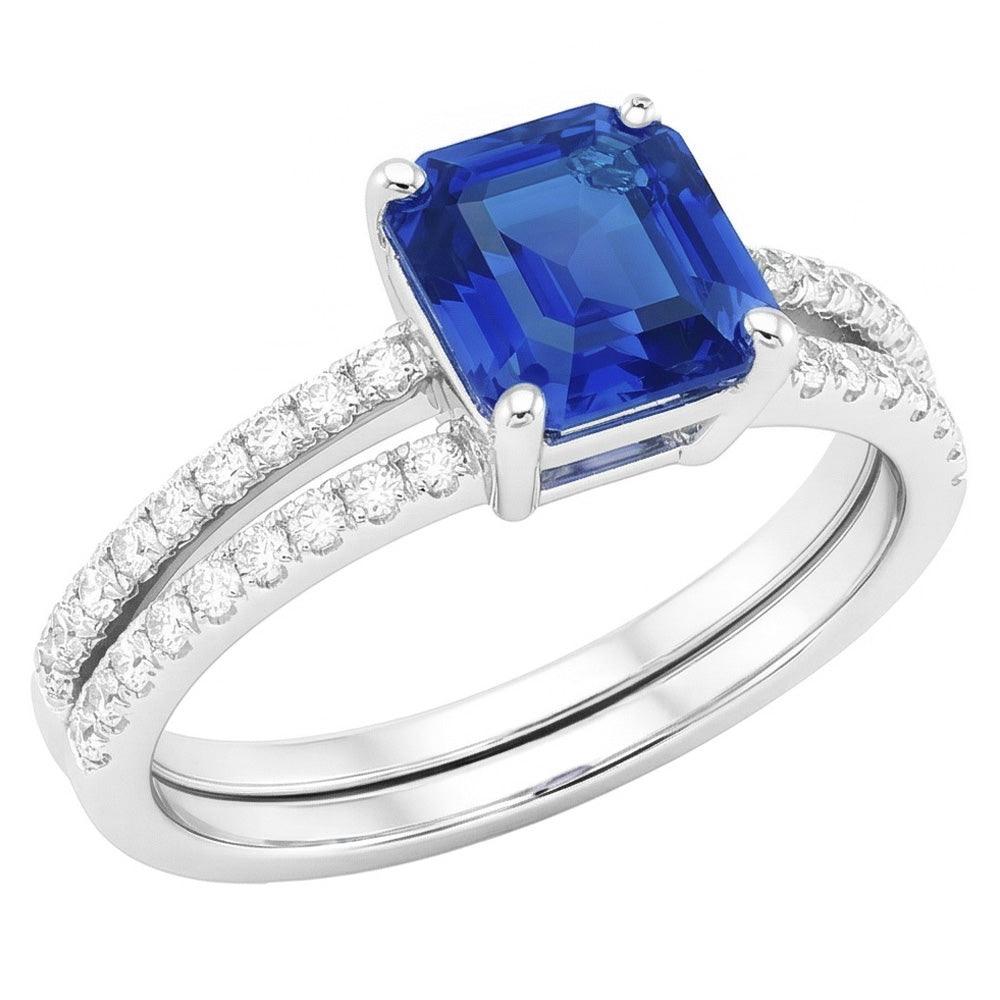 Blue Sapphire Engagement Ring Set Asscher Cut White Gold 14K 3 Carats