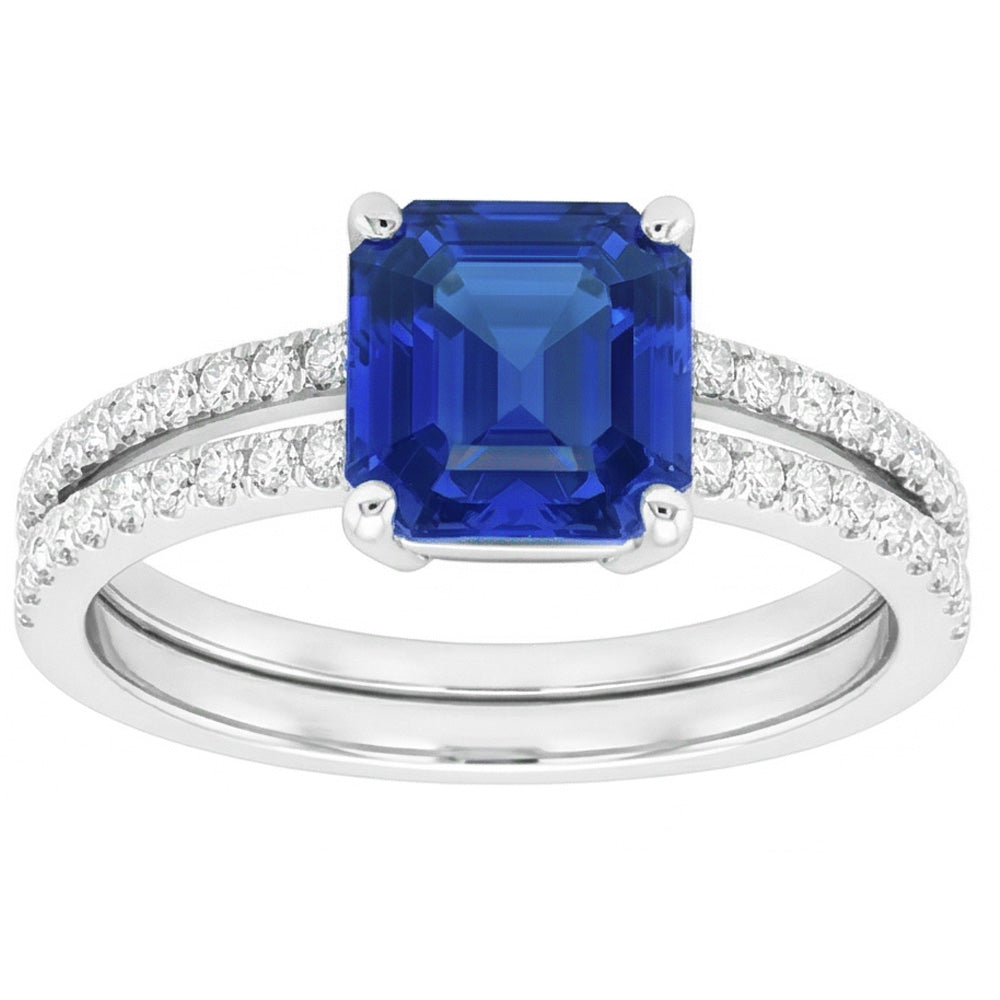 Blue Sapphire Engagement Ring Set Asscher Cut White Gold 14K 3 Carats