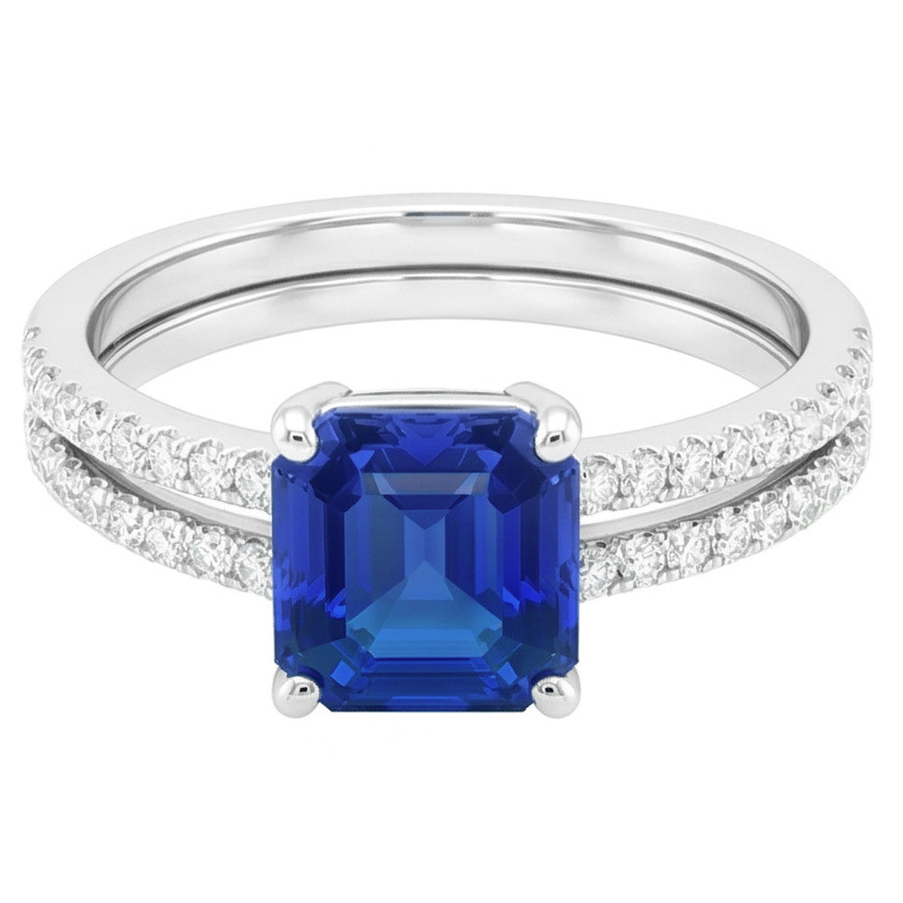 Blue Sapphire Engagement Ring Set Asscher Cut White Gold 14K 3 Carats