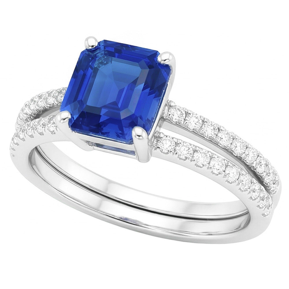 Blue Sapphire Engagement Ring Set Asscher Cut White Gold 14K 3 Carats