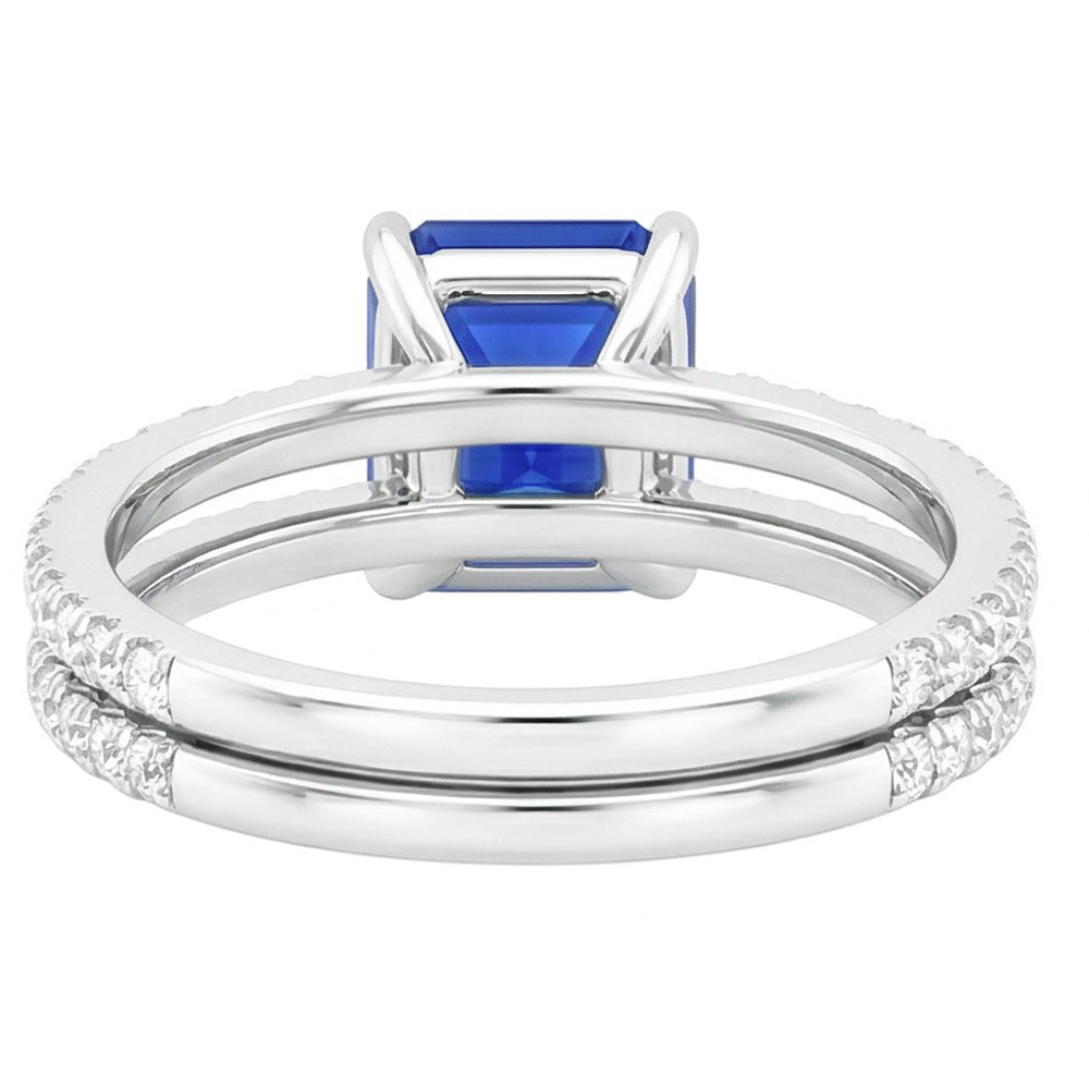Blue Sapphire Engagement Ring Set Asscher Cut White Gold 14K 3 Carats