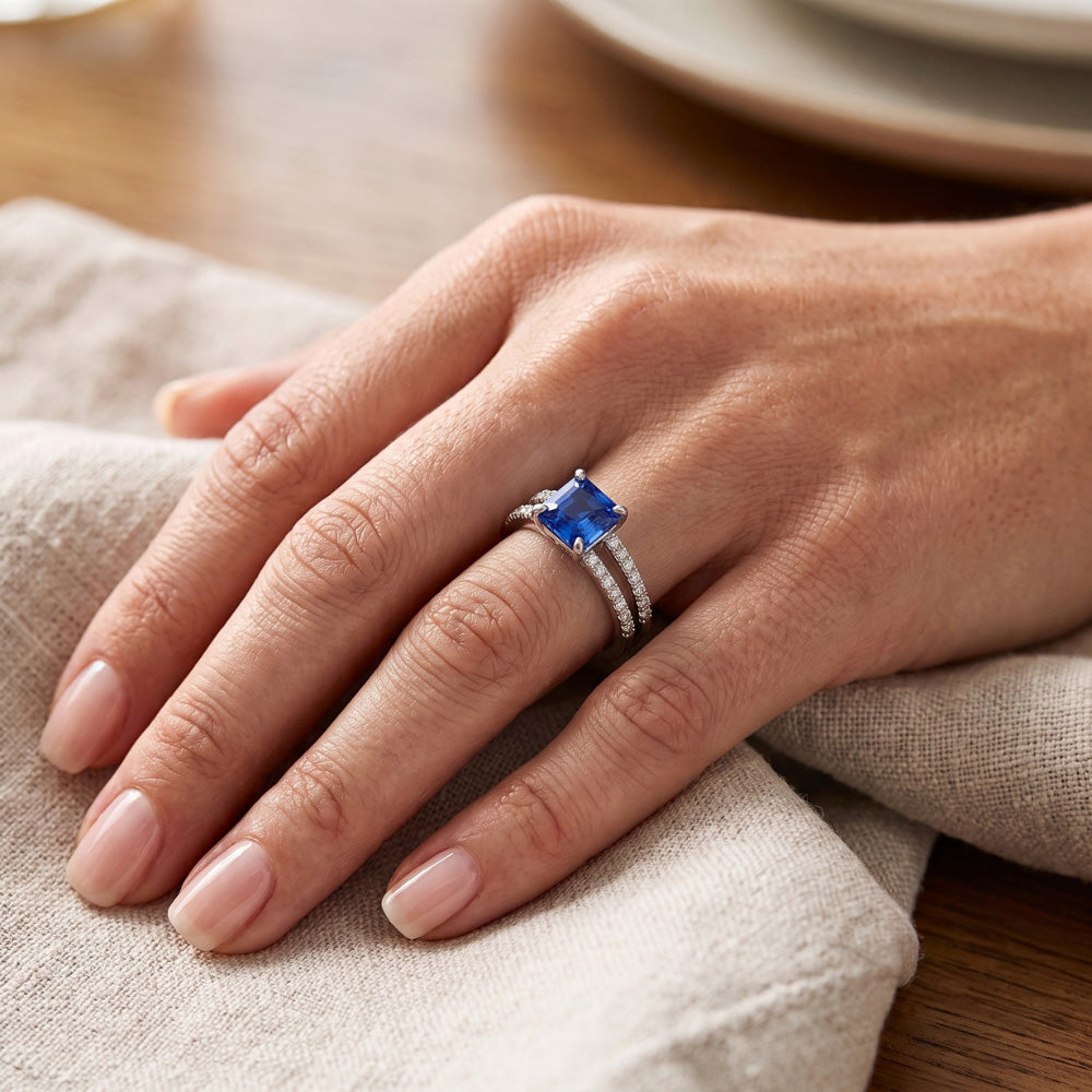 Blue Sapphire Engagement Ring Set Asscher Cut White Gold 14K 3 Carats