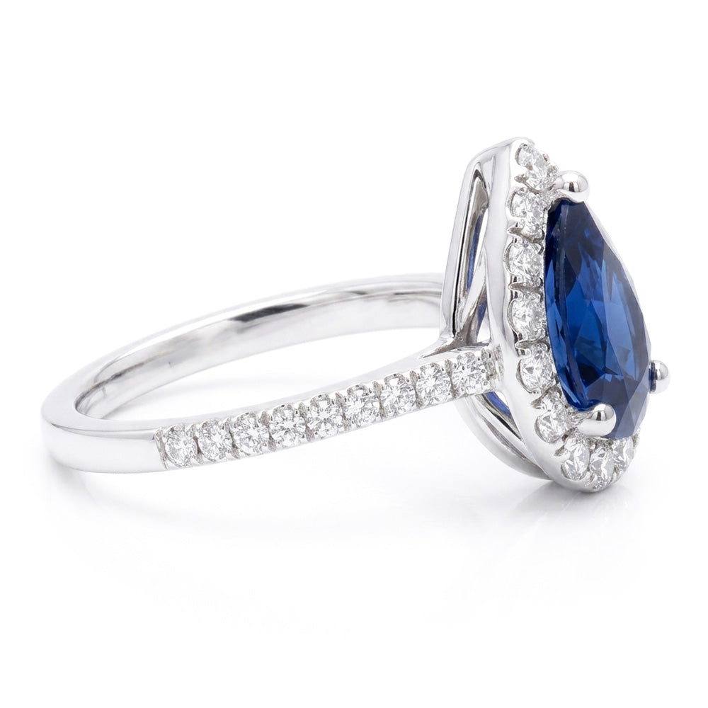 Blue Sapphire Engagement Ring Teardrop Style White Gold 2.50 Carats