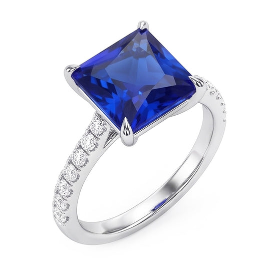 Blue Sapphire Engagement Ring With Pave Natural Earth Mined Diamond ( Not Lab Grown ) Accents 6 Carats