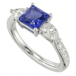 Blue Sapphire Gemstone Radiant Cut Ring Pear & Round Natural Earth Mined Diamond ( Not Lab Grown )s 3 Carats