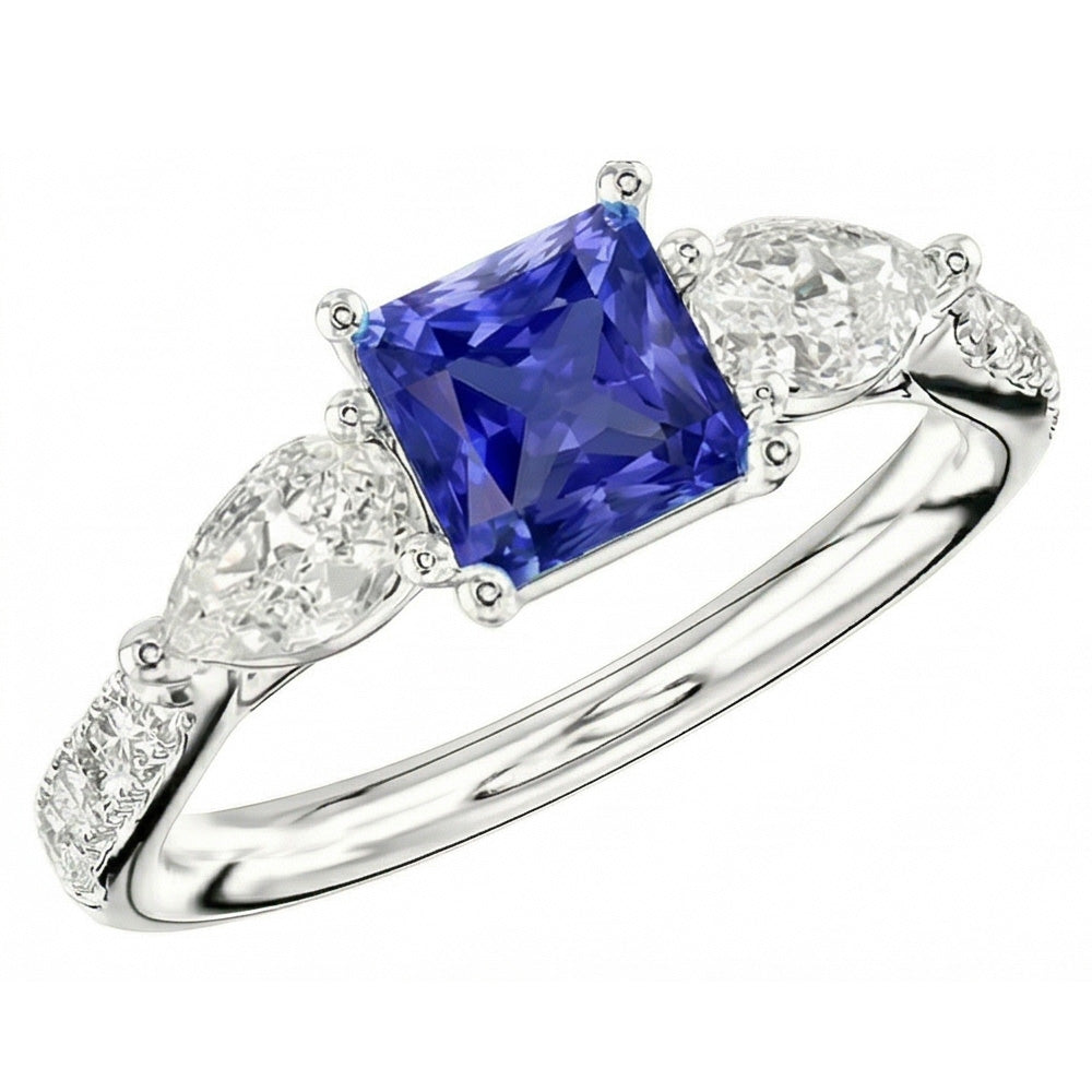 Blue Sapphire Gemstone Radiant Cut Ring Pear & Round Natural Earth Mined Diamond ( Not Lab Grown )s 3 Carats