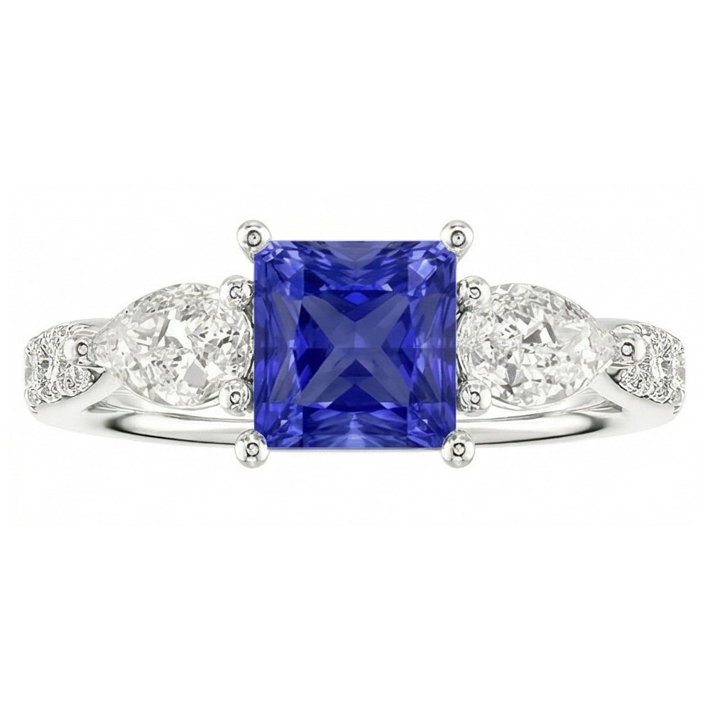 Blue Sapphire Gemstone Radiant Cut Ring Pear & Round Natural Earth Mined Diamond ( Not Lab Grown )s 3 Carats