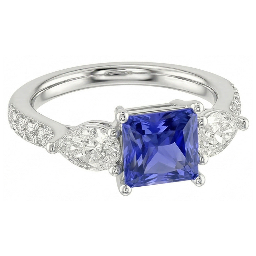 Blue Sapphire Gemstone Radiant Cut Ring Pear & Round Natural Earth Mined Diamond ( Not Lab Grown )s 3 Carats