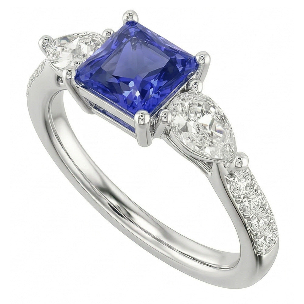 Blue Sapphire Gemstone Radiant Cut Ring Pear & Round Natural Earth Mined Diamond ( Not Lab Grown )s 3 Carats