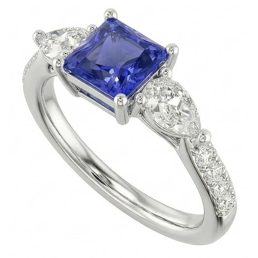 Blue Sapphire Gemstone Radiant Cut Ring Pear & Round Natural Earth Mined Diamond ( Not Lab Grown )s 3 Carats