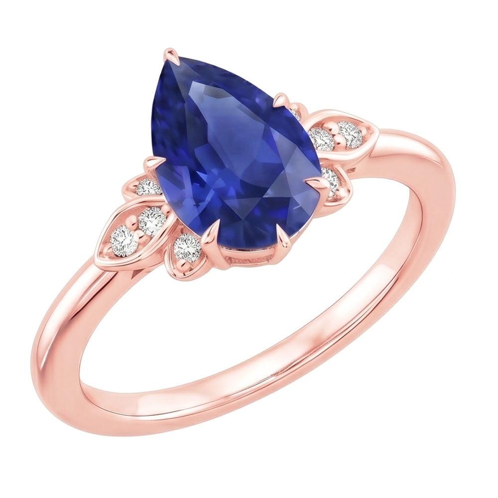 Blue Sapphire Gemstone Ring Pear & Round Natural Earth Mined Diamond ( Not Lab Grown ) Floral Style 3 Carats
