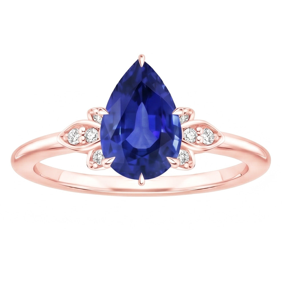 Blue Sapphire Gemstone Ring Pear & Round Natural Earth Mined Diamond ( Not Lab Grown ) Floral Style 3 Carats