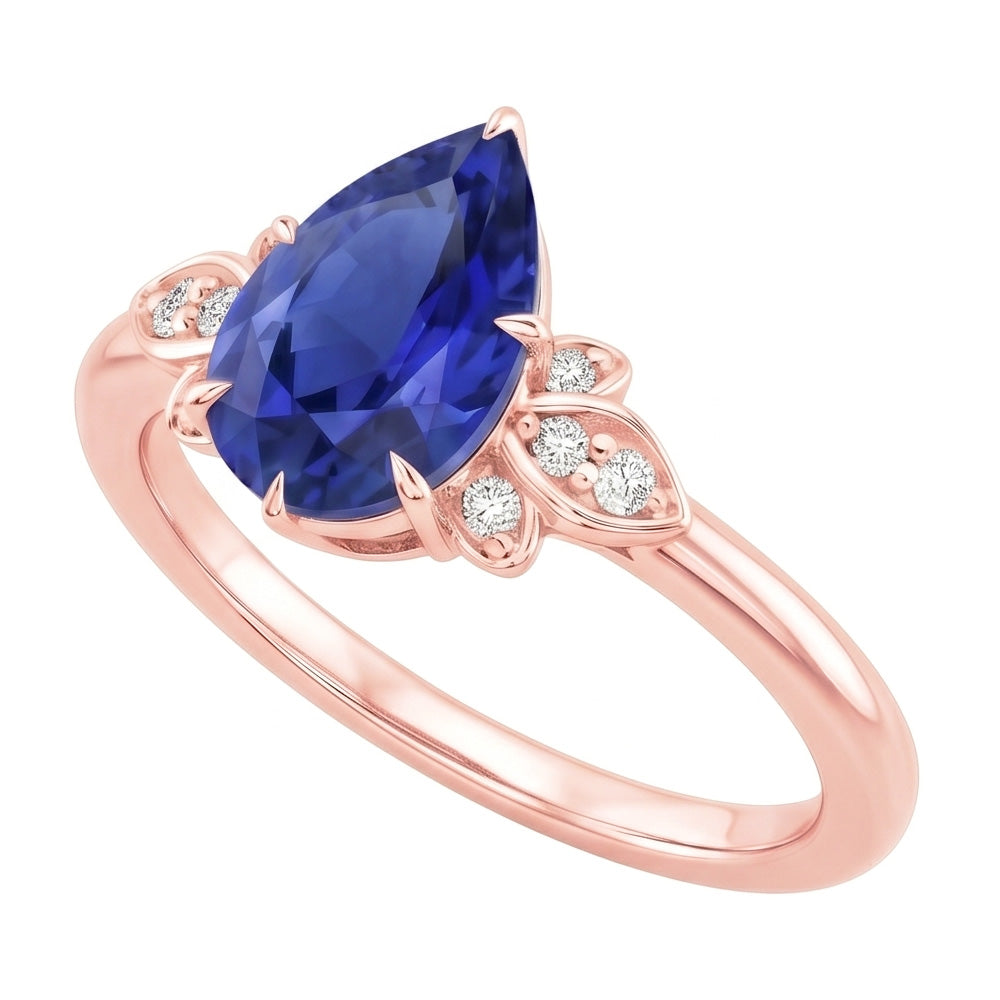 Blue Sapphire Gemstone Ring Pear & Round Natural Earth Mined Diamond ( Not Lab Grown ) Floral Style 3 Carats