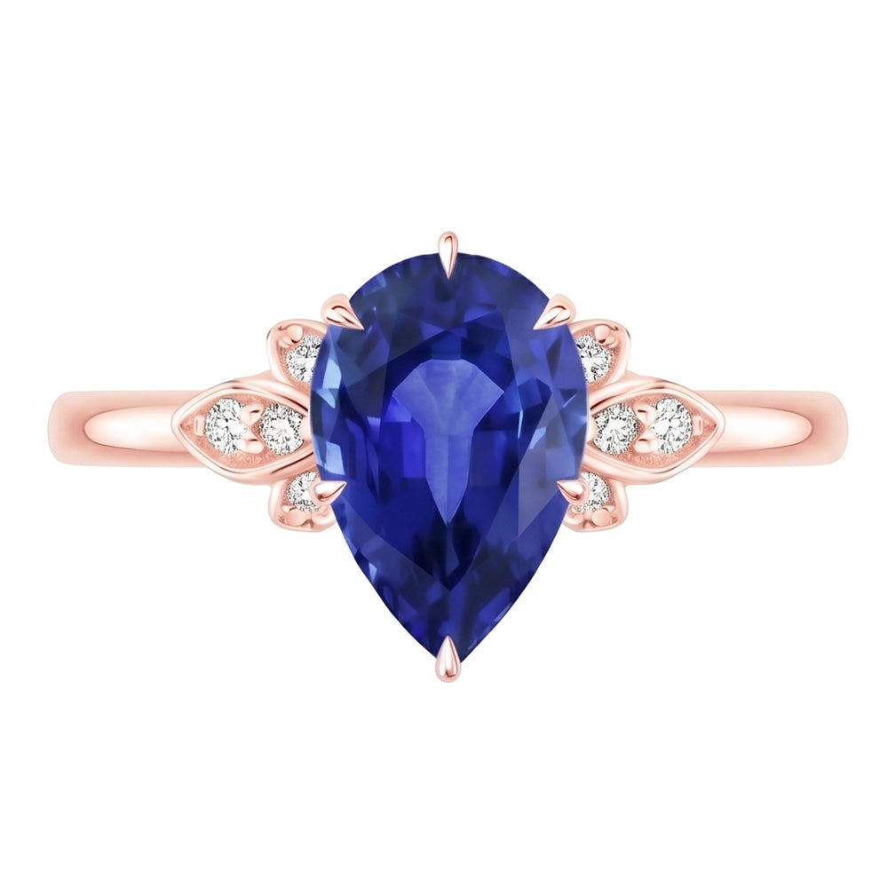 Blue Sapphire Gemstone Ring Pear & Round Natural Earth Mined Diamond ( Not Lab Grown ) Floral Style 3 Carats