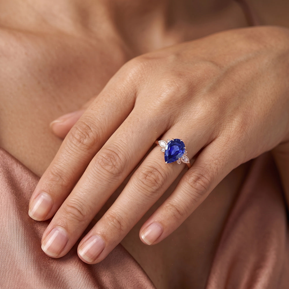 Blue Sapphire Gemstone Ring Pear & Round Natural Earth Mined Diamond ( Not Lab Grown ) Floral Style 3 Carats
