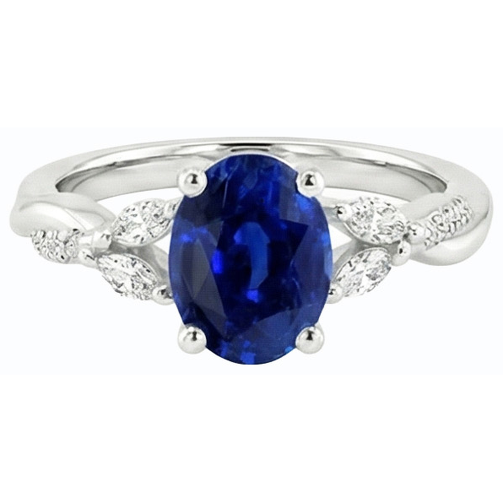 Blue Sapphire Gemstone Ring With Marquise & Round Accents 4.50 Carats