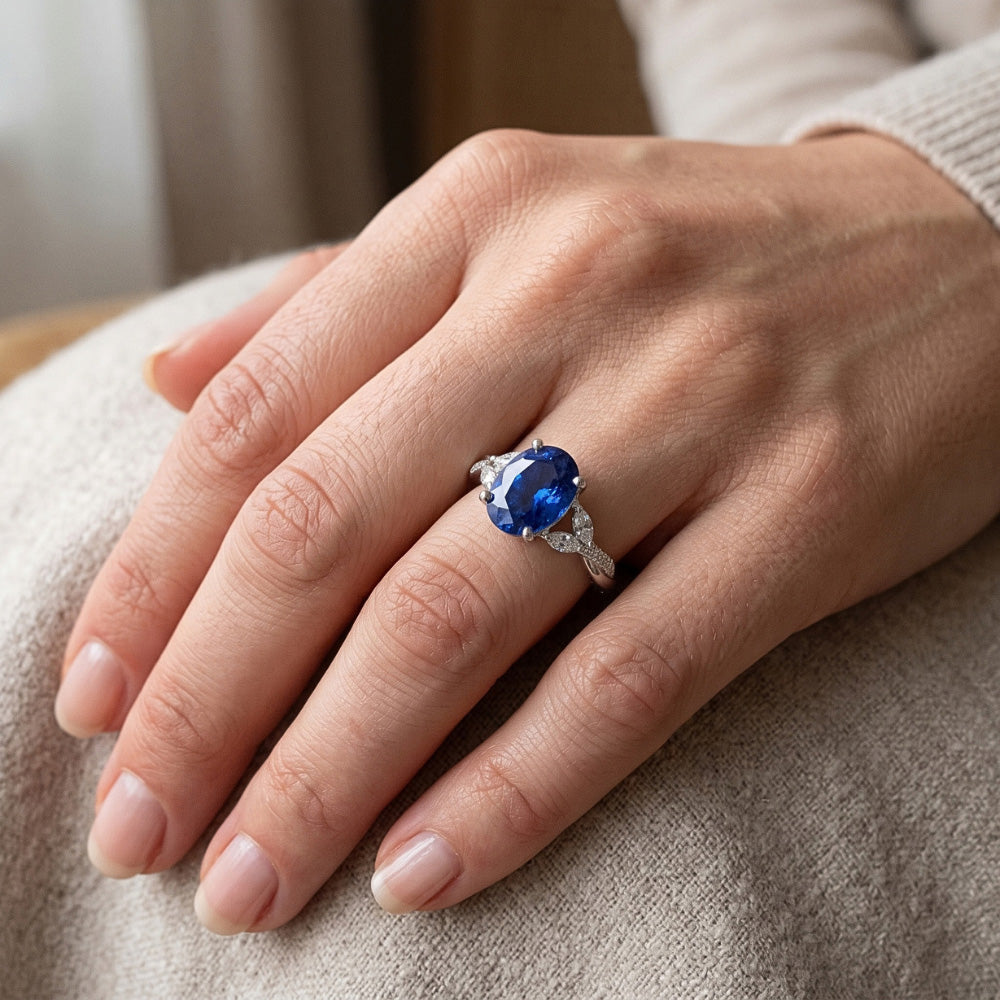 Blue Sapphire Gemstone Ring With Marquise & Round Accents 4.50 Carats