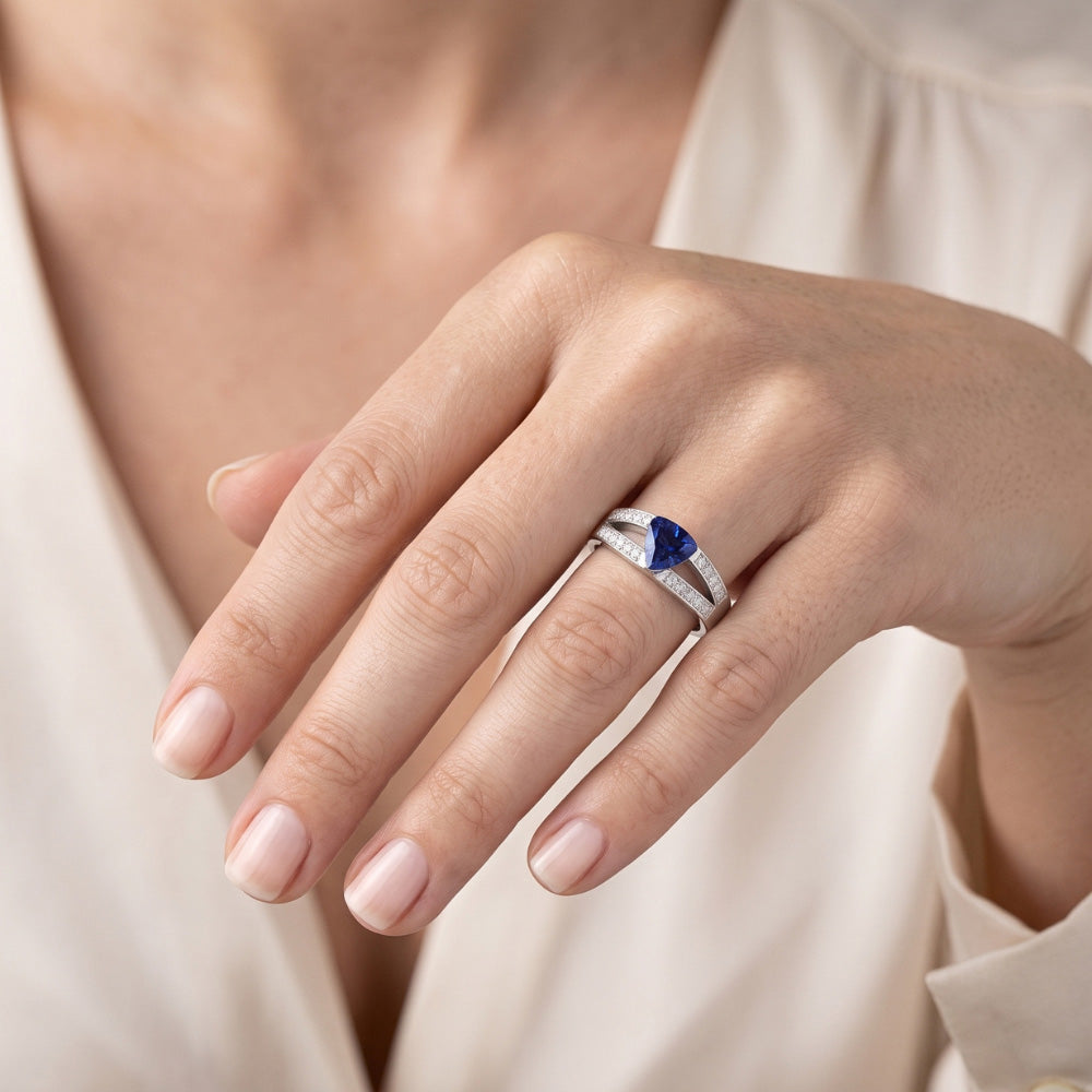 Blue Sapphire Gemstone Trillion Cut Ring 1 Carat Split Shank Natural Earth Mined Diamond ( Not Lab Grown )s