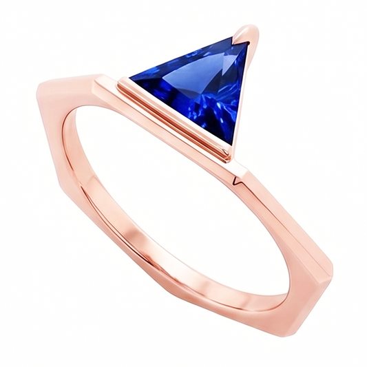 Blue Sapphire Gemstone Trillion Ring 14K Rose Gold 1 Carat Jewelry