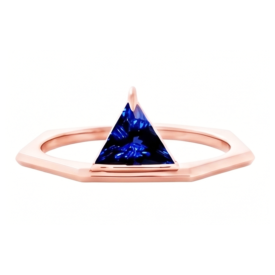 Blue Sapphire Gemstone Trillion Ring 14K Rose Gold 1 Carat Jewelry