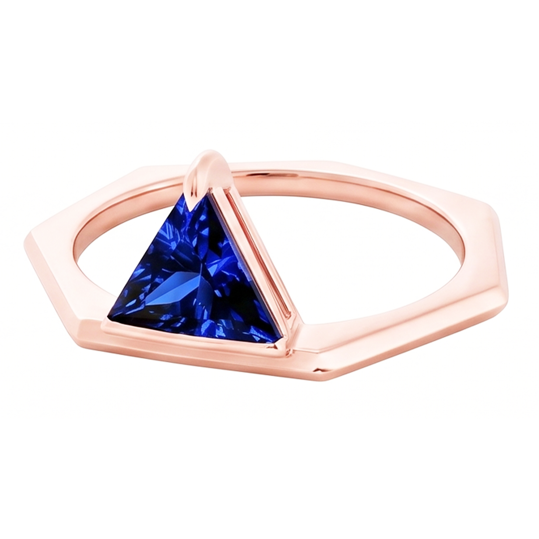 Blue Sapphire Gemstone Trillion Ring 14K Rose Gold 1 Carat Jewelry