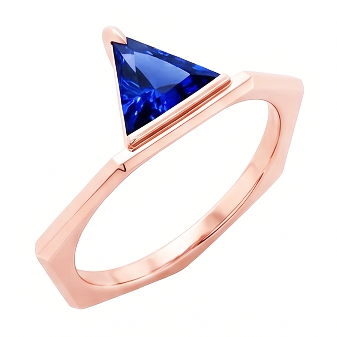Blue Sapphire Gemstone Trillion Ring 14K Rose Gold 1 Carat Jewelry