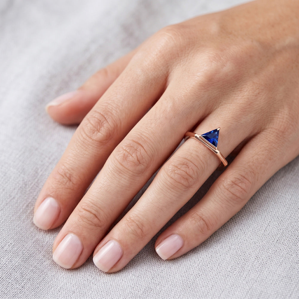 Blue Sapphire Gemstone Trillion Ring 14K Rose Gold 1 Carat Jewelry
