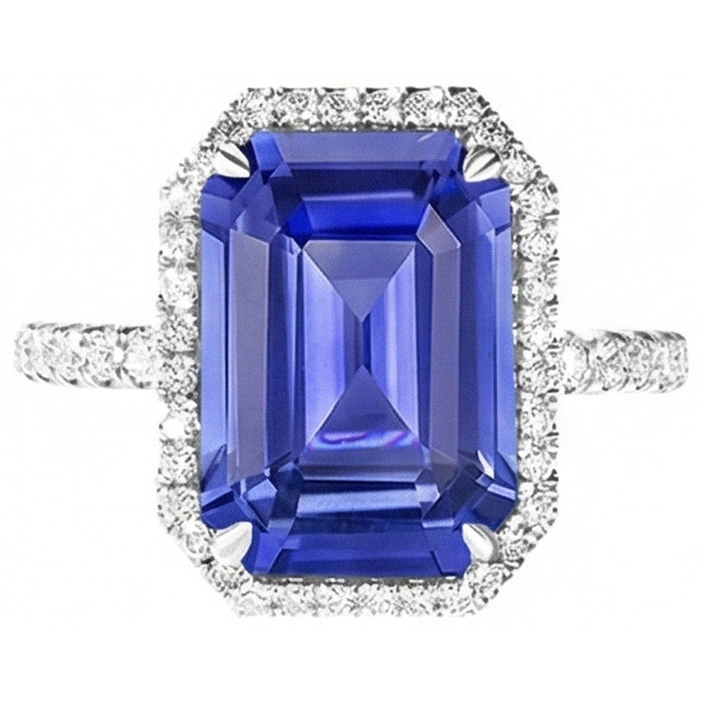 Blue Sapphire Halo Emerald Cut Ring 5.50 Carats Natural Earth Mined Diamond ( Not Lab Grown )s Jewelry