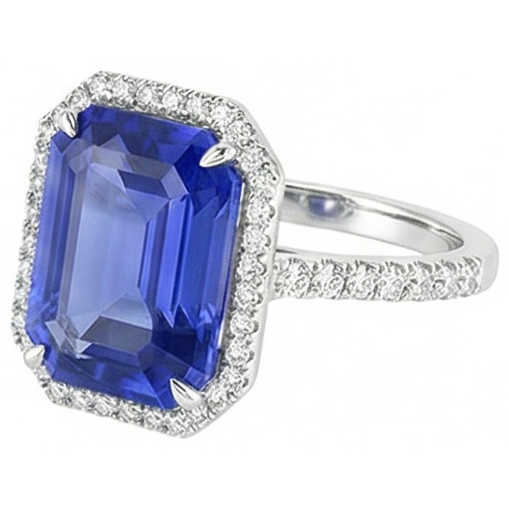 Blue Sapphire Halo Emerald Cut Ring 5.50 Carats Natural Earth Mined Diamond ( Not Lab Grown )s Jewelry