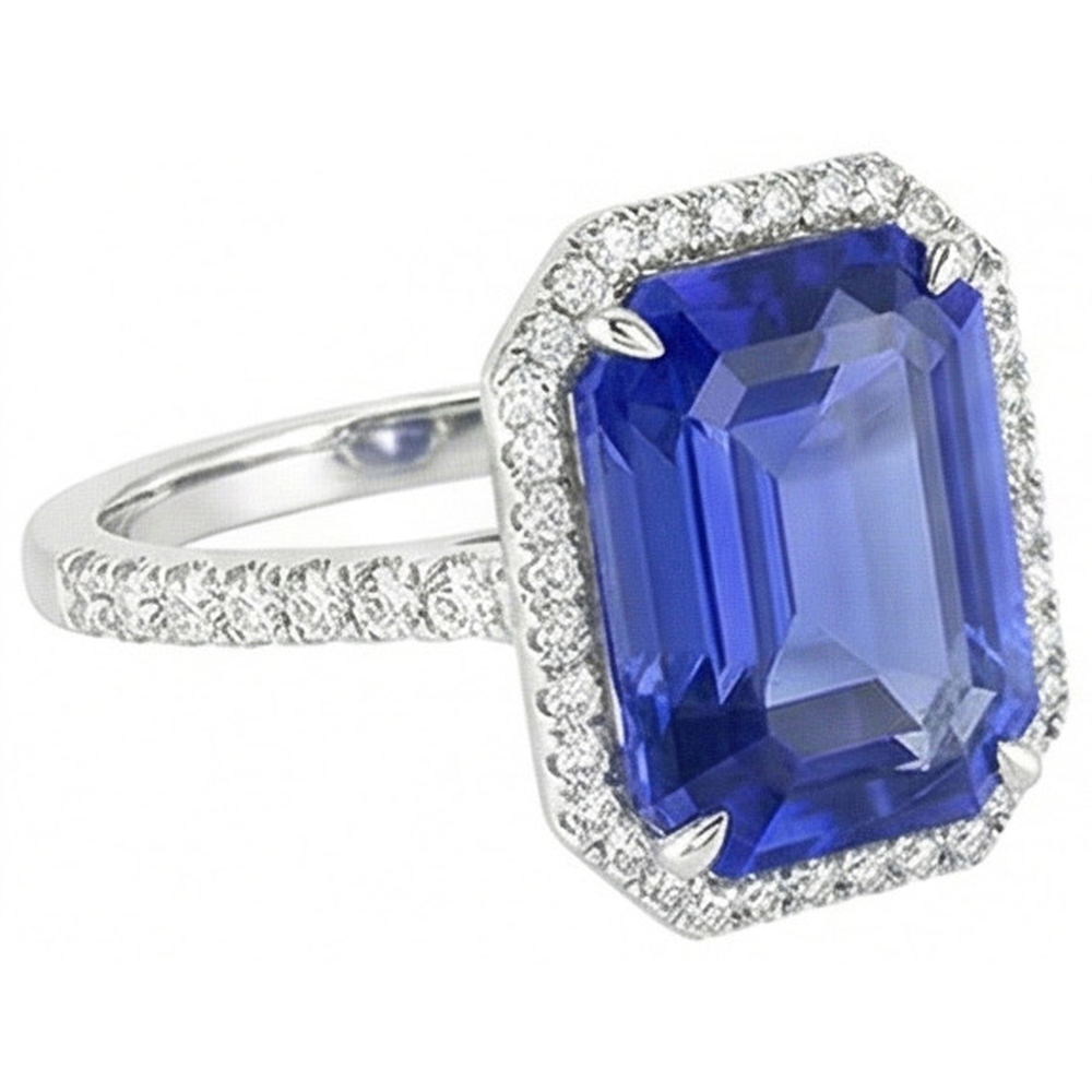 Blue Sapphire Halo Emerald Cut Ring 5.50 Carats Natural Earth Mined Diamond ( Not Lab Grown )s Jewelry