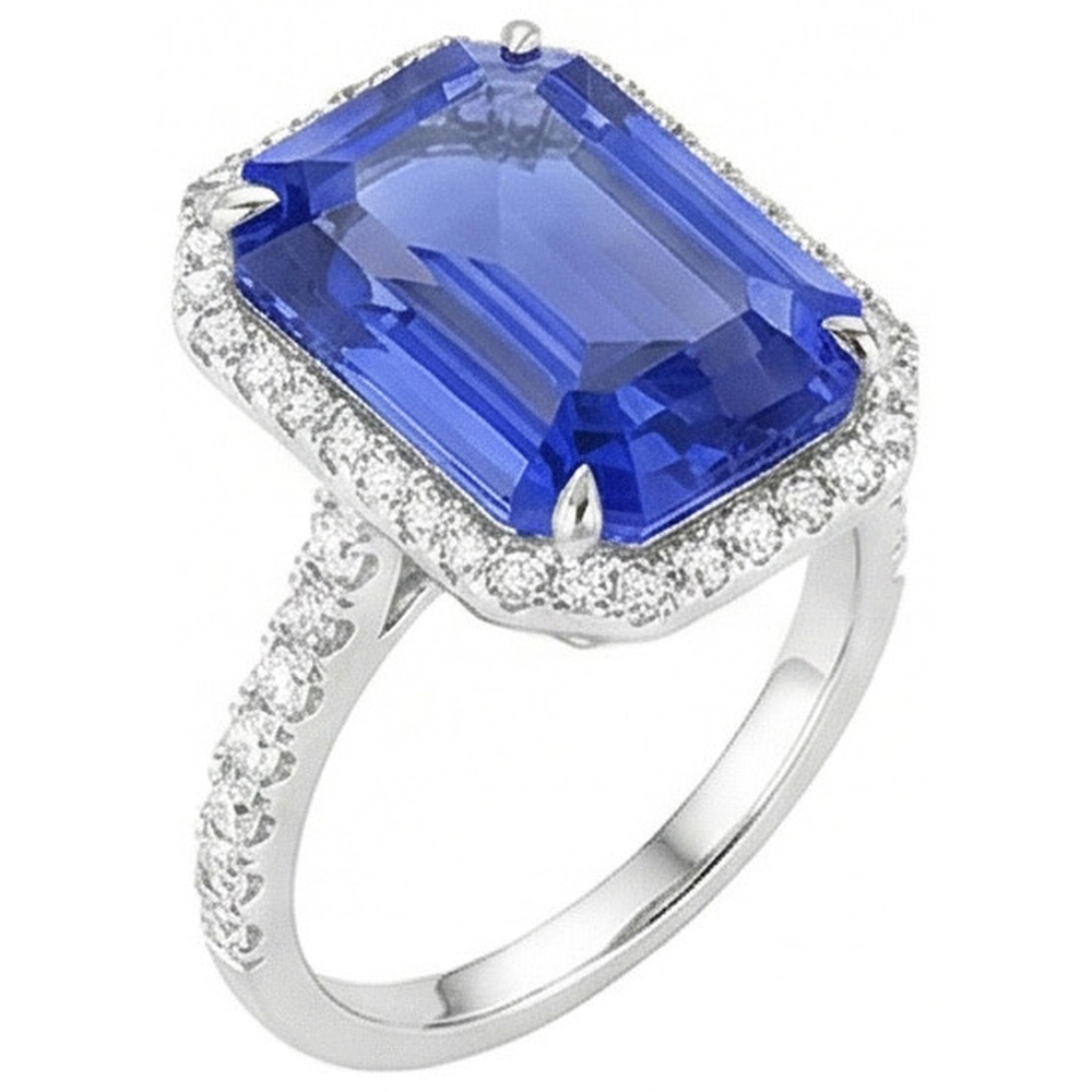 Blue Sapphire Halo Emerald Cut Ring 5.50 Carats Natural Earth Mined Diamond ( Not Lab Grown )s Jewelry