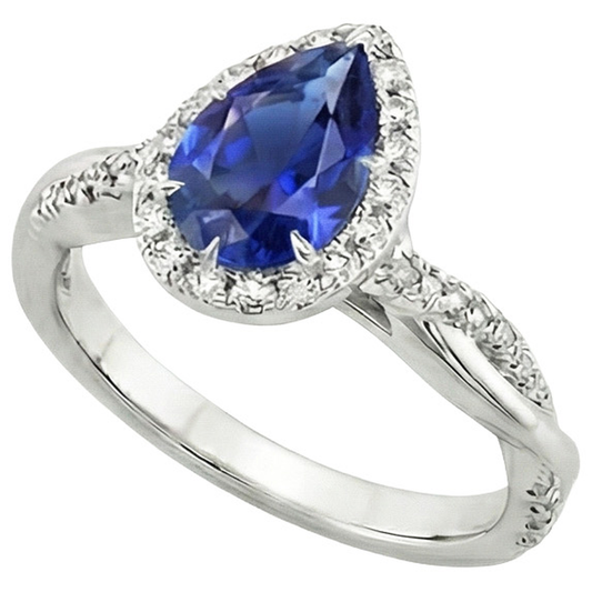 Blue Sapphire Halo Natural Earth Mined Diamond ( Not Lab Grown ) Ring Prongs Pear Cut Stone 7.25 Carats Gold