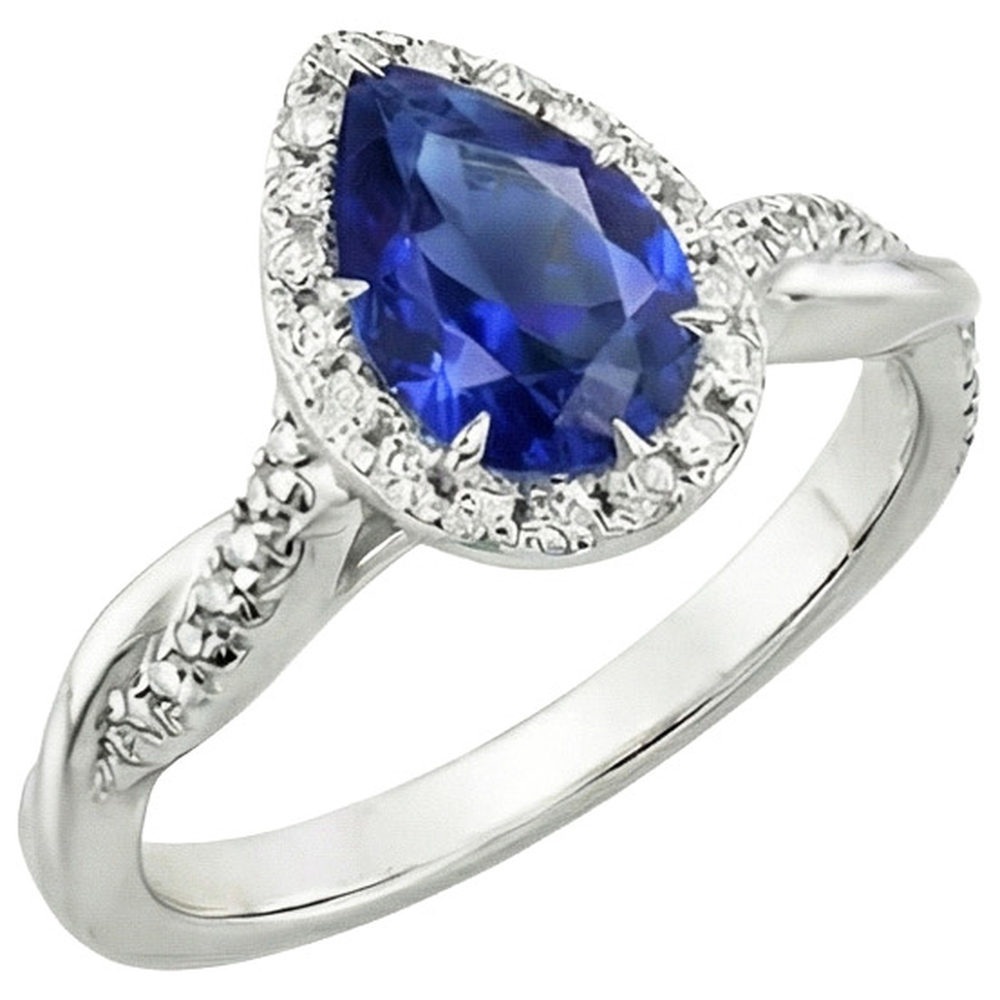 Blue Sapphire Halo Natural Earth Mined Diamond ( Not Lab Grown ) Ring Prongs Pear Cut Stone 7.25 Carats Gold