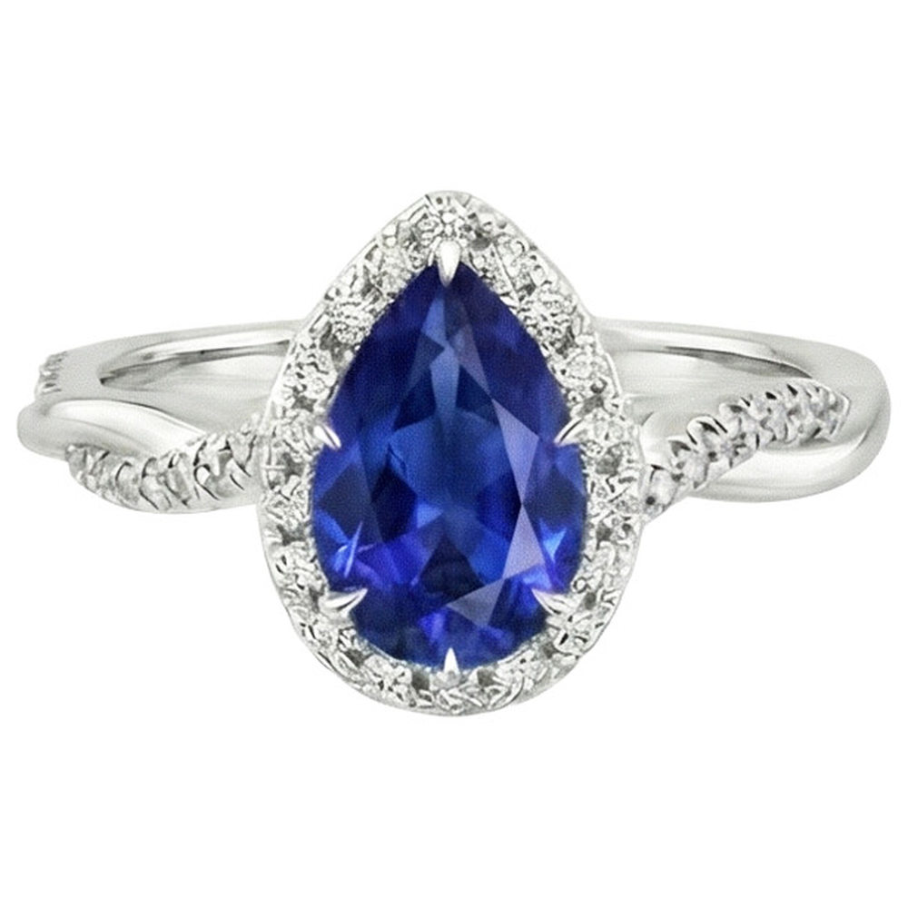 Blue Sapphire Halo Natural Earth Mined Diamond ( Not Lab Grown ) Ring Prongs Pear Cut Stone 7.25 Carats Gold