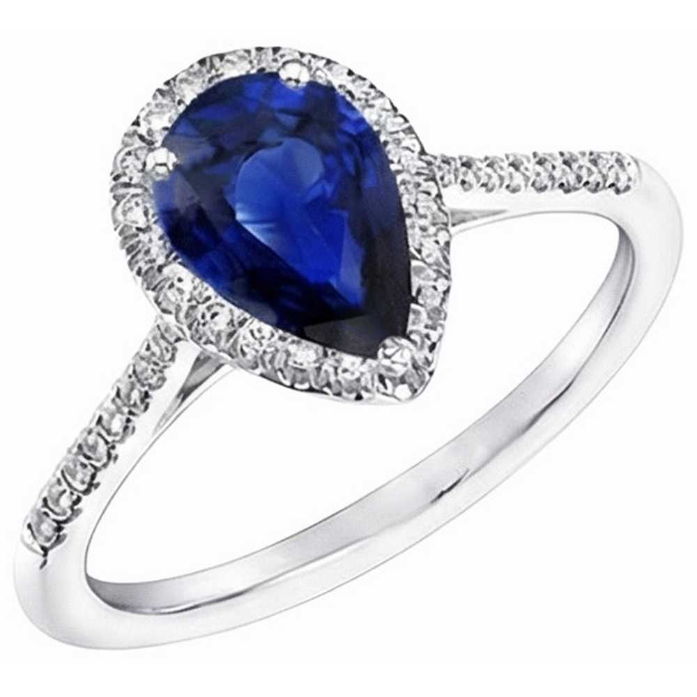 Blue Sapphire Halo Pear Shaped Ring & Natural Earth Mined Diamond ( Not Lab Grown )s 3.50 Carats