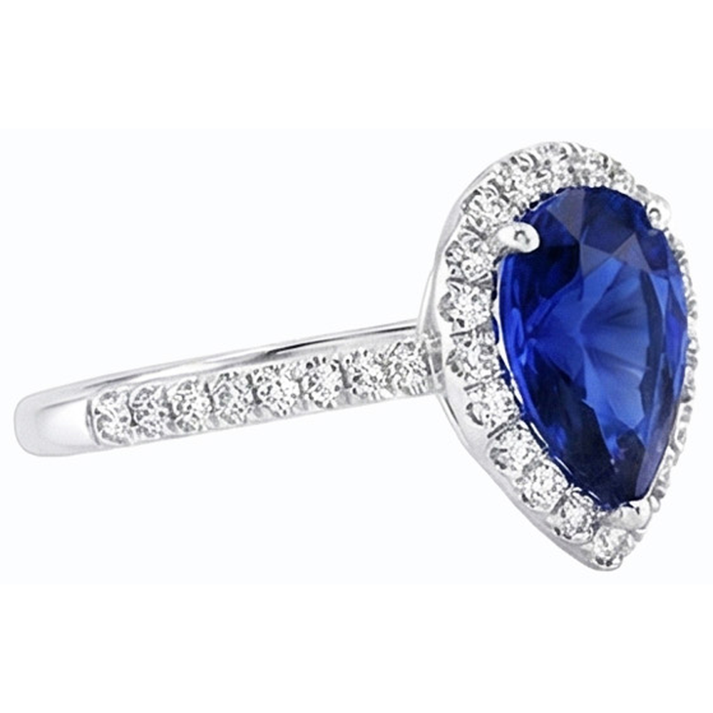 Blue Sapphire Halo Pear Shaped Ring & Natural Earth Mined Diamond ( Not Lab Grown )s 3.50 Carats