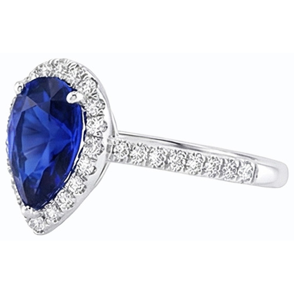 Blue Sapphire Halo Pear Shaped Ring & Natural Earth Mined Diamond ( Not Lab Grown )s 3.50 Carats