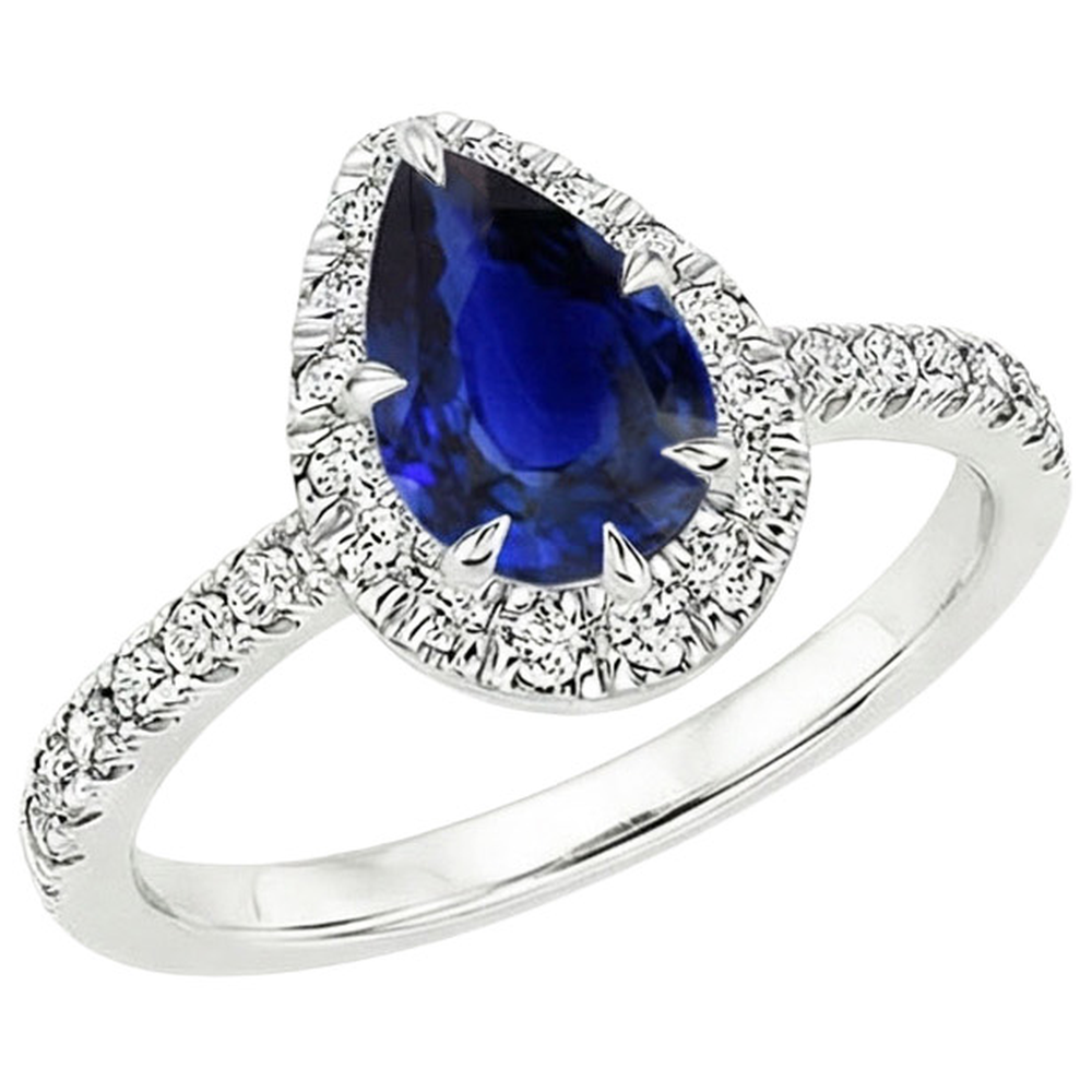 Blue Sapphire Halo Ring Pear Cut & Pave Set Natural Earth Mined Diamond ( Not Lab Grown )s 5.50 Carats