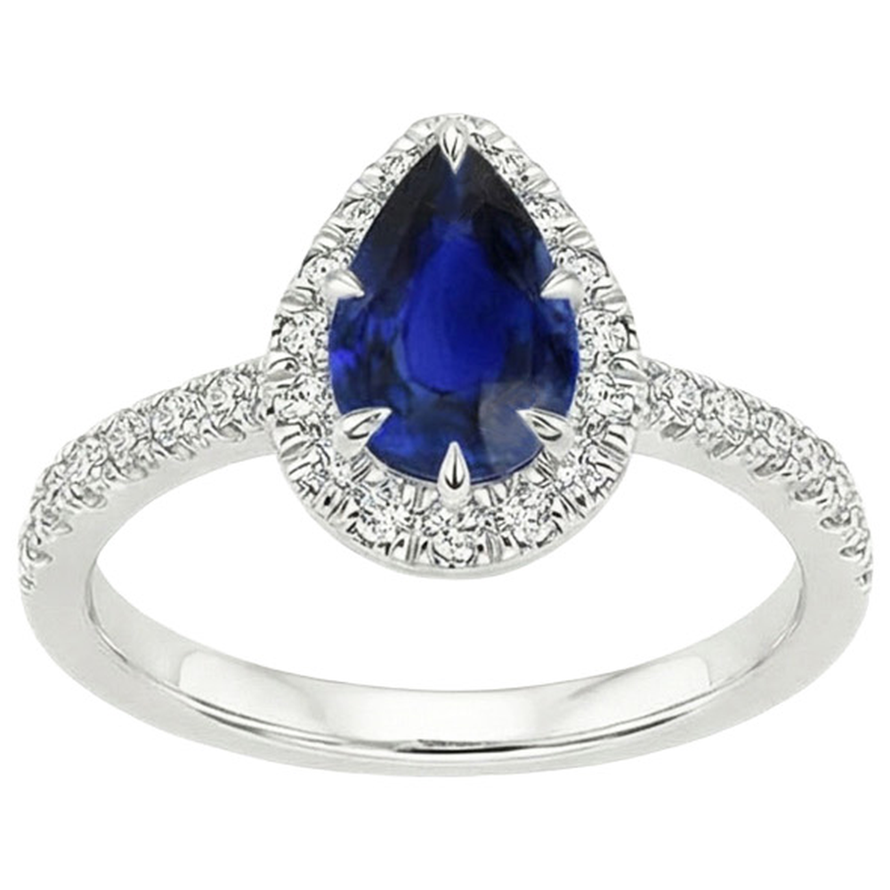 Blue Sapphire Halo Ring Pear Cut & Pave Set Natural Earth Mined Diamond ( Not Lab Grown )s 5.50 Carats